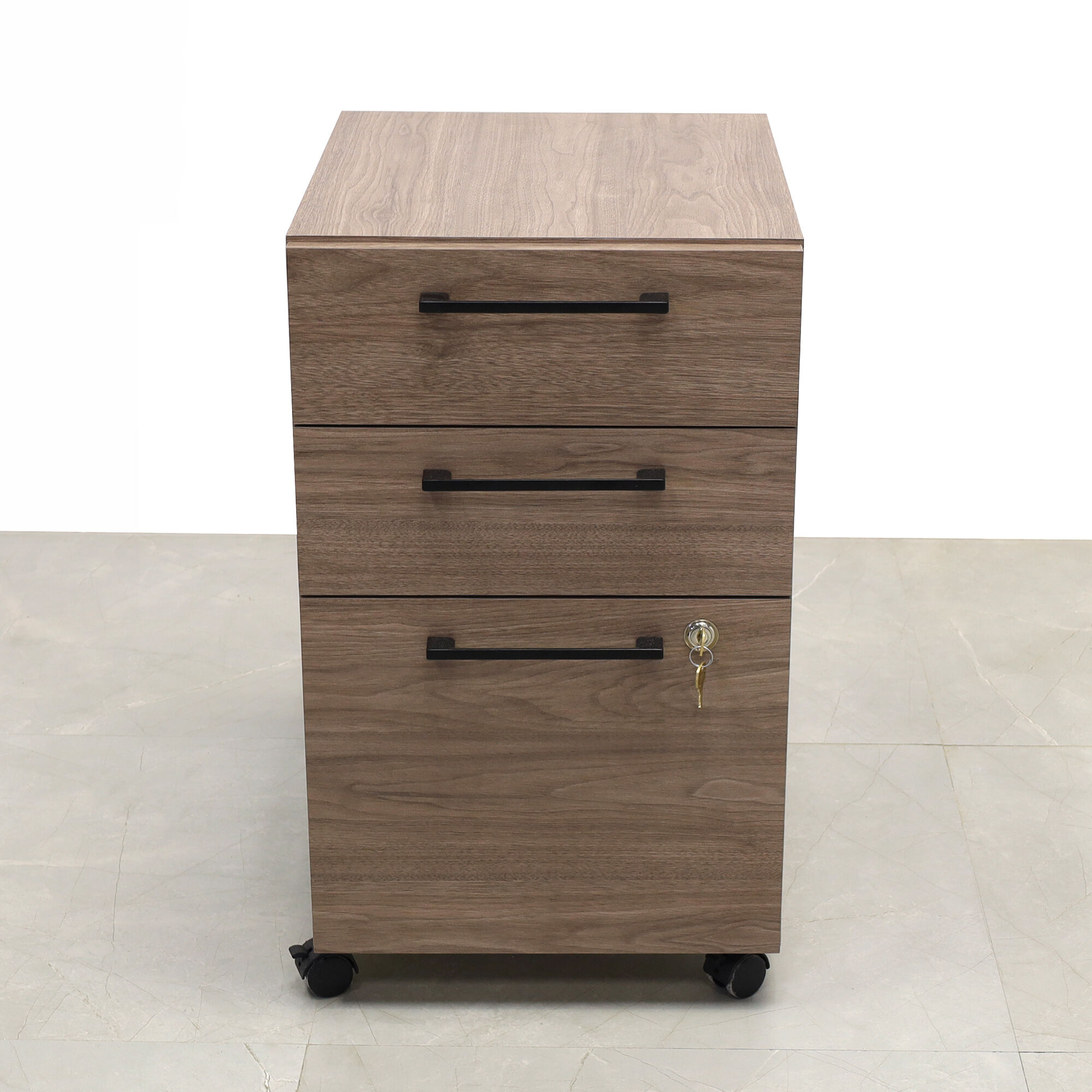 Naples Custom Mobile Storage Cabinet in hazel walnut matte laminate. and lock on third drawer.