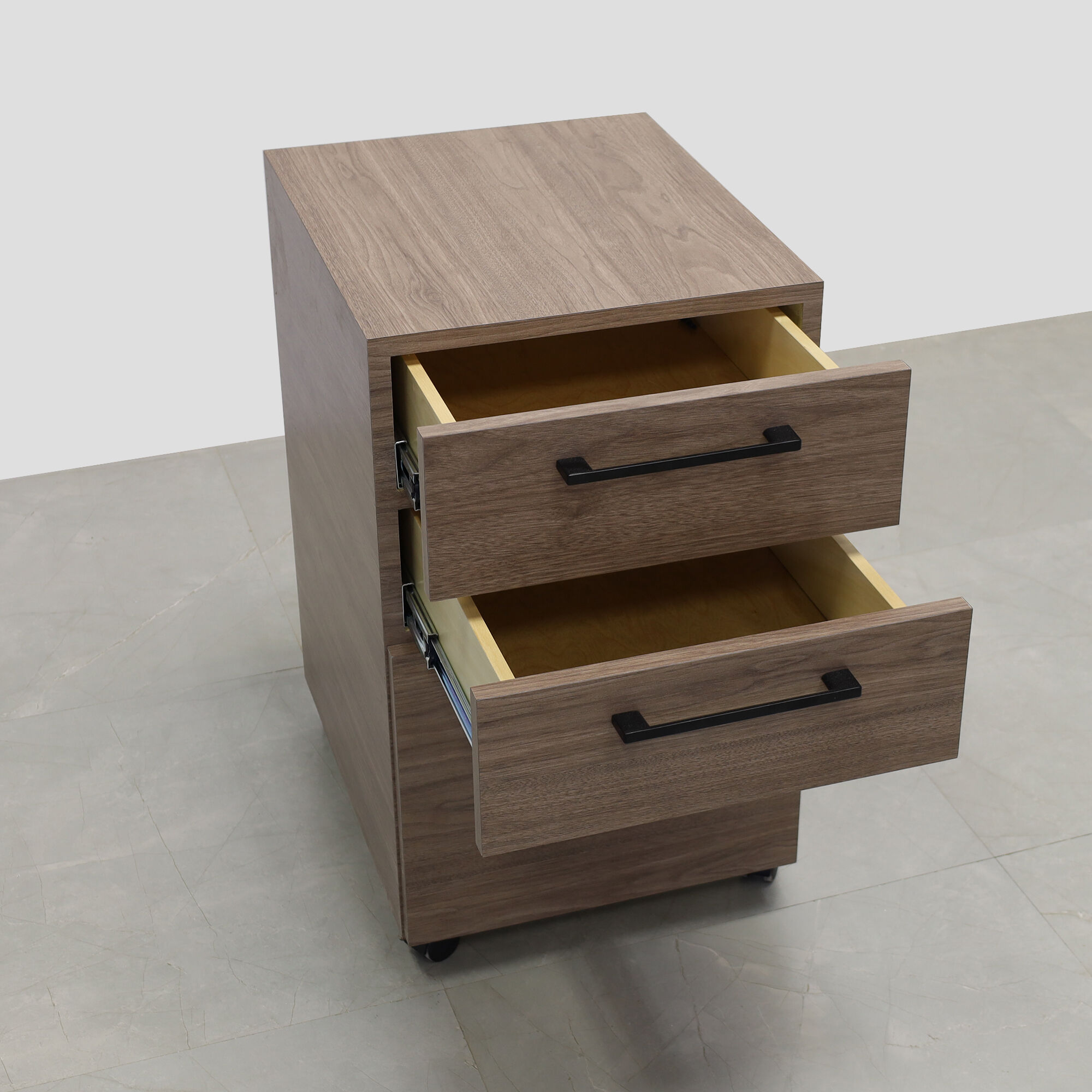 Naples Custom Mobile Storage Cabinet in hazel walnut matte laminate. and lock on third drawer.