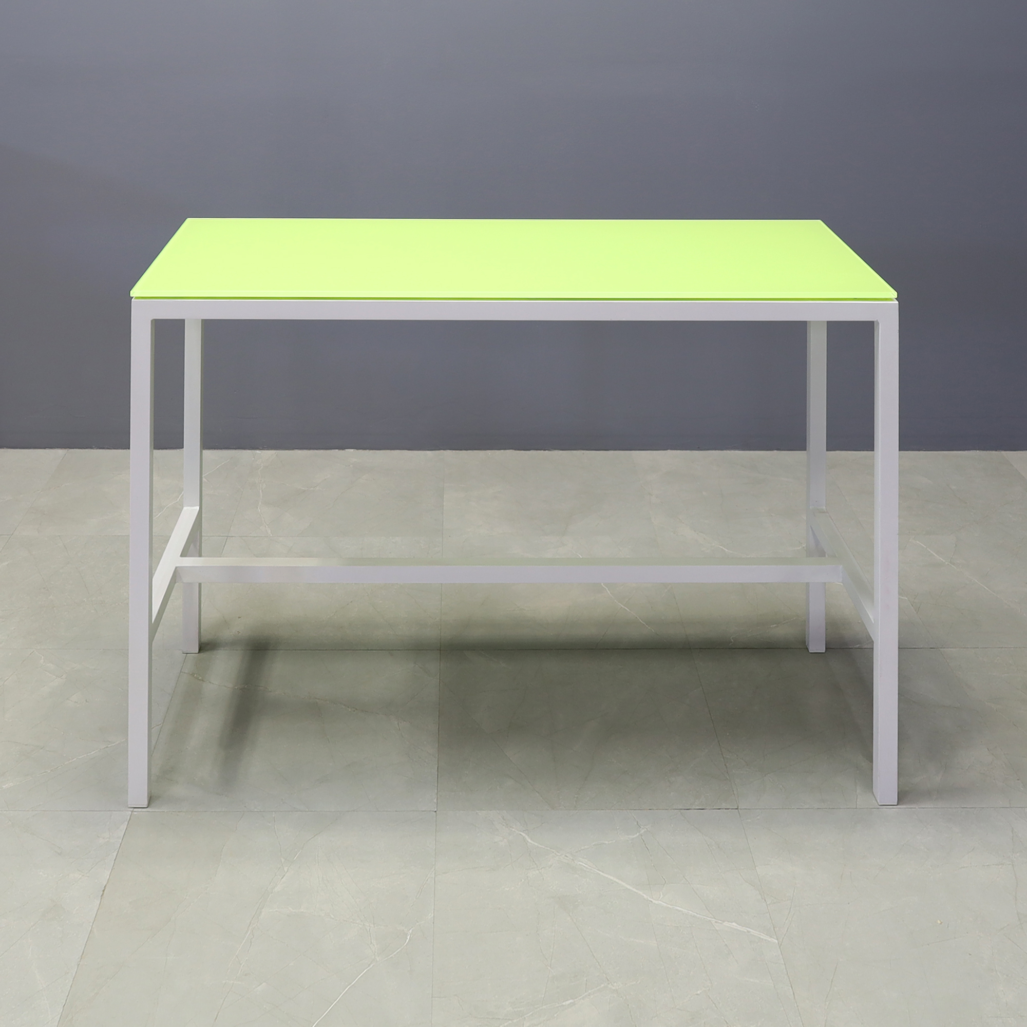 Aspen Tempered Glass Bar Table in lime top and white aluminum frame shown here.