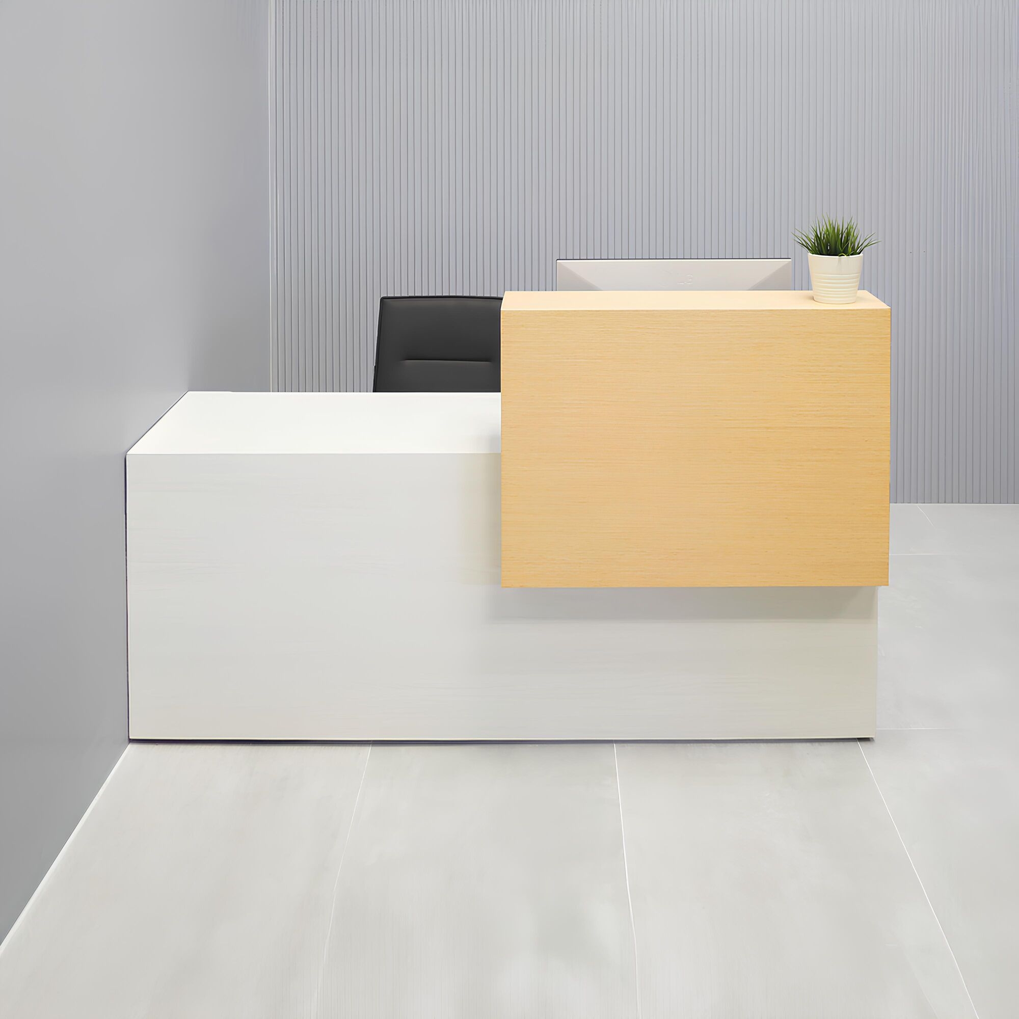 60-inch Los Angeles Reception Desk with maple veneer top, white ash desk and workspace.
