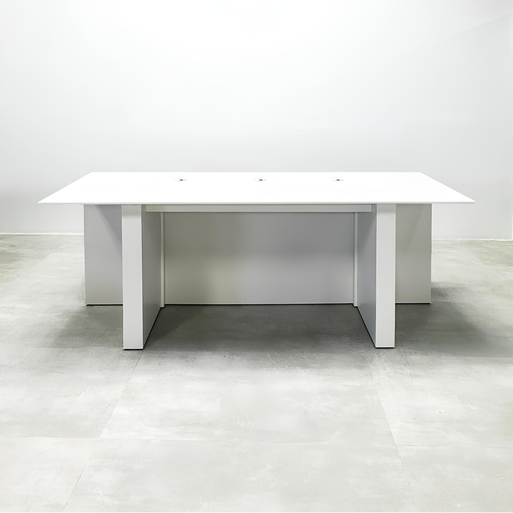 90-inch Savannah Handmade Podcast Table with white solid engineered surface top, white LED, white oak tambour front base, and dover off-white matte laminate back base.