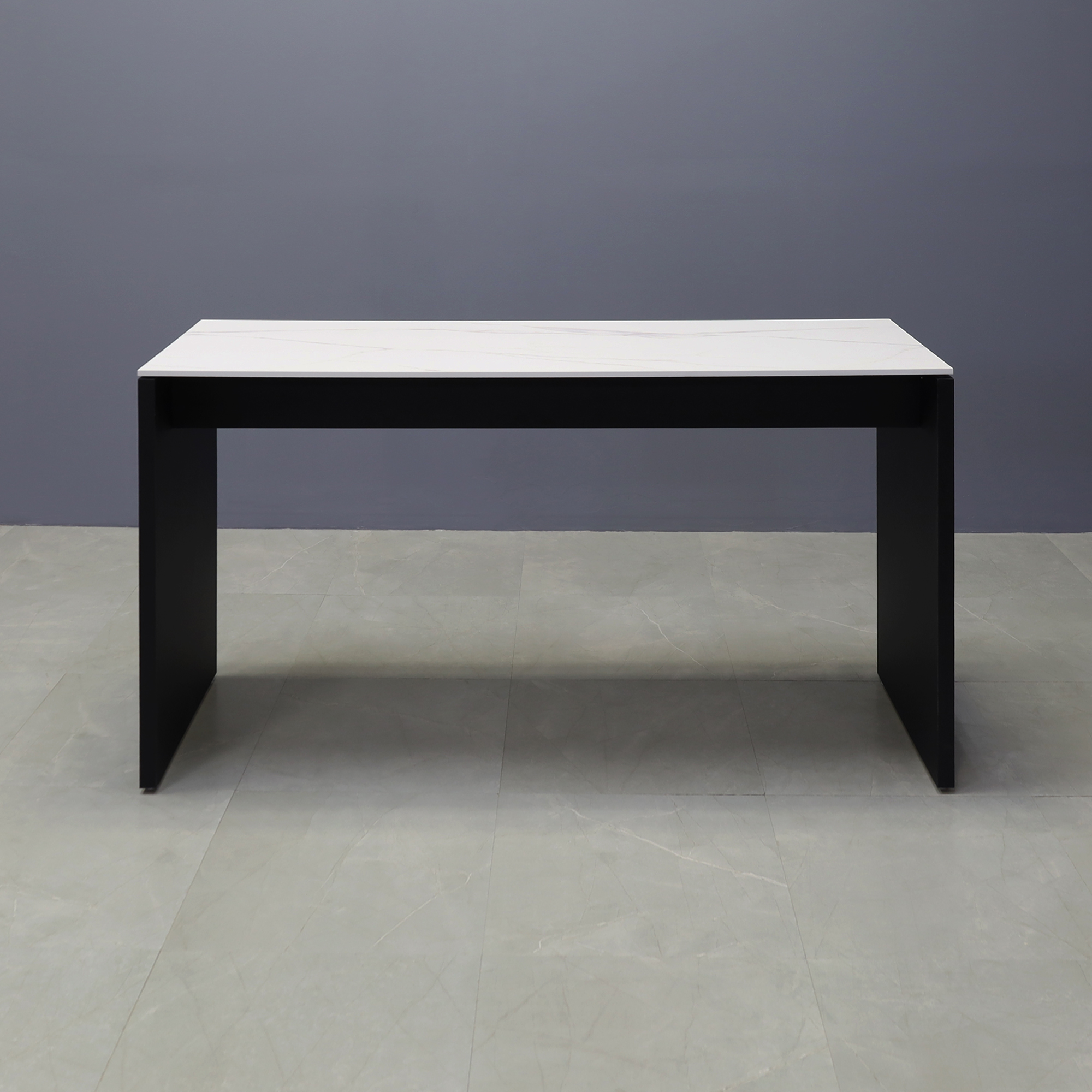 Ashville Engineered Stone Bar Table in solenne marble top and black traceless laminate base shown here.