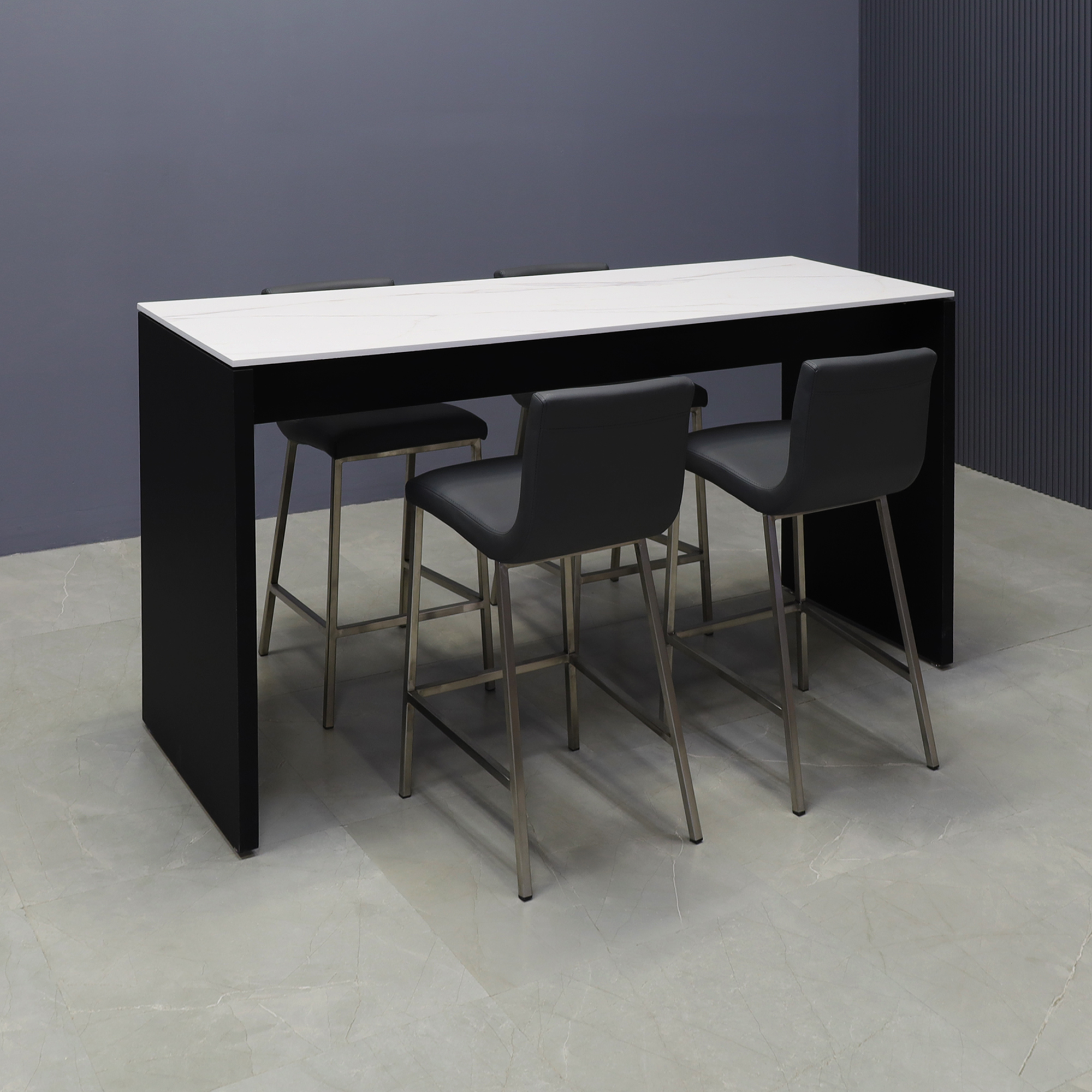 Ashville Engineered Stone Bar Table in solenne marble top and black traceless laminate base shown here.
