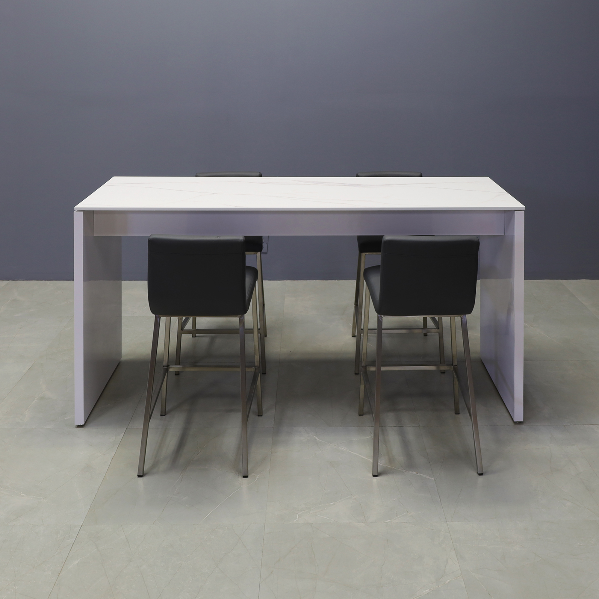 Ashville Engineered Stone Bar Table in solenne marble top and white gloss laminate base shown here.