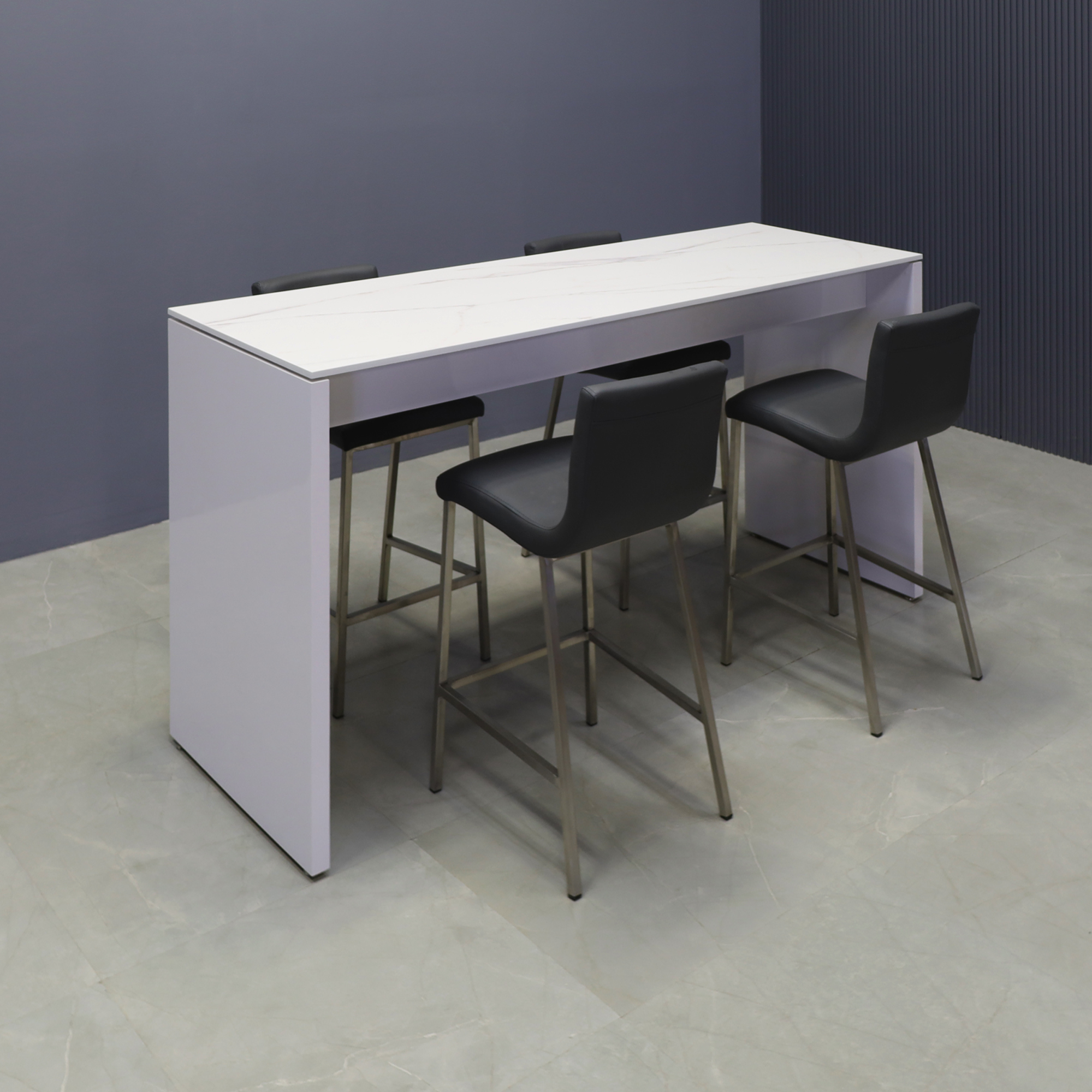 Ashville Engineered Stone Bar Table in solenne marble top and white gloss laminate base shown here.