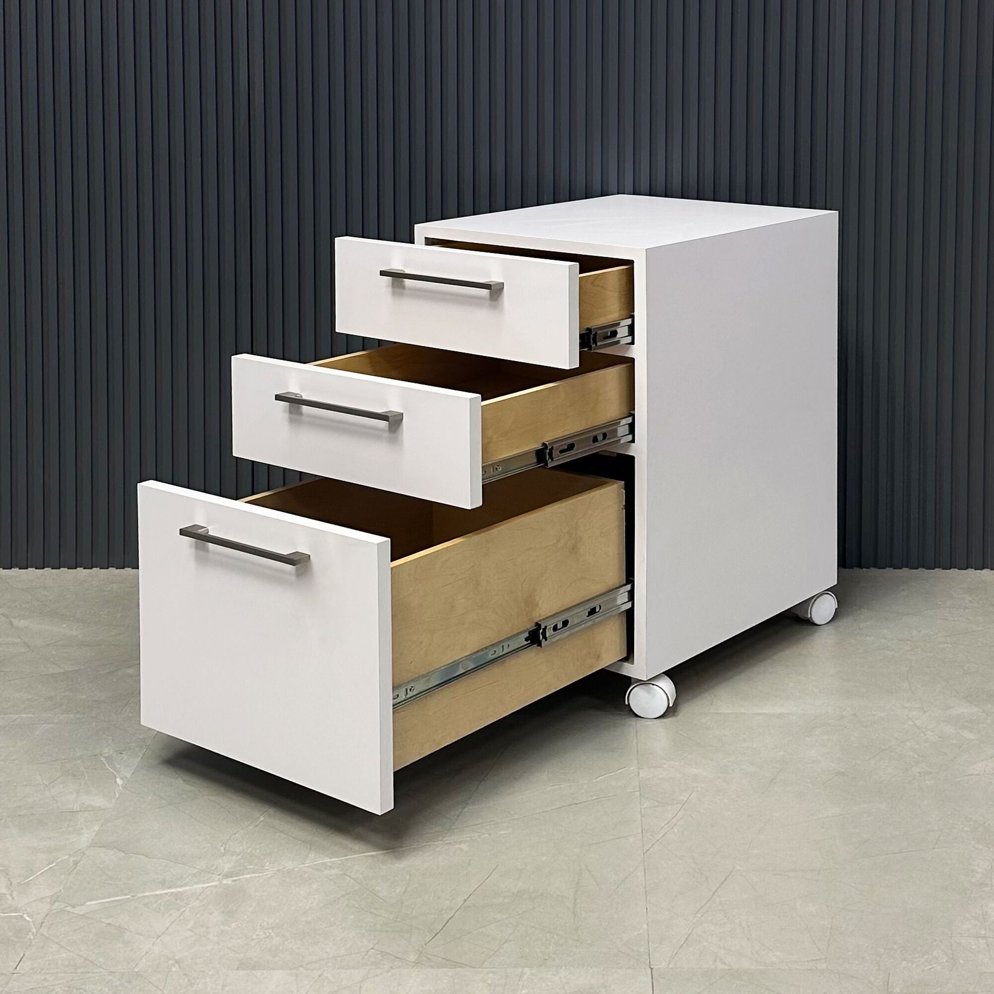 Naples Custom Mobile Storage Cabinet in white matte laminate.